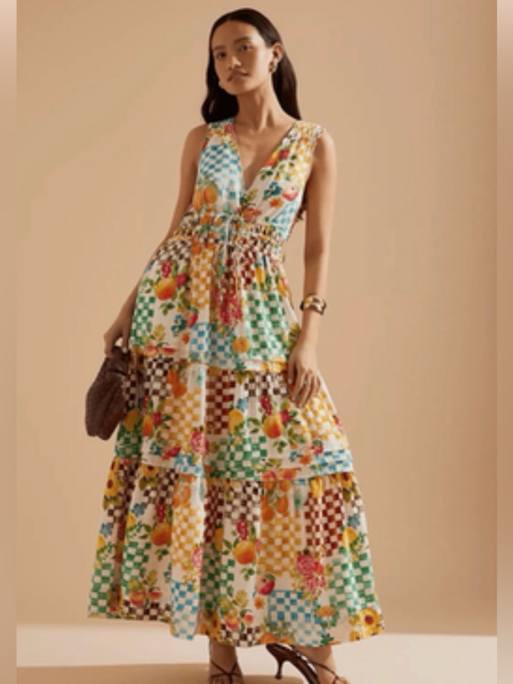 NWT Anthropologie Somerset Fruit Checkered Tiered Maxi Dress- size M